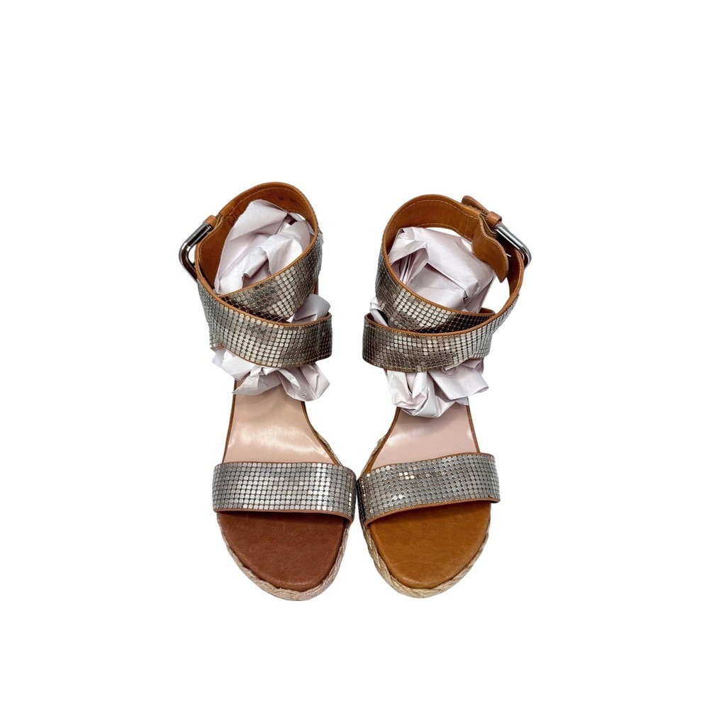 Stuart Weitzman Vintage Tan Leather Silver Chainmail Espadrille Wedge 8M W69188 - Picture 2 of 14
